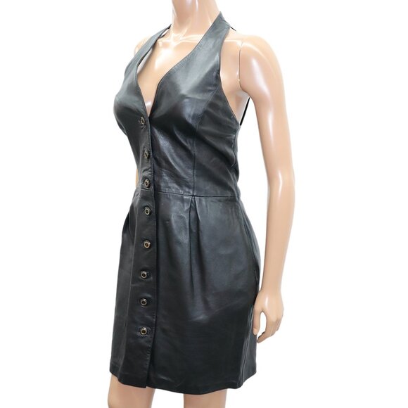 Black Leather Button Front Mini Halter Dress M - Picture 2 of 5